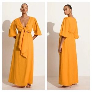 Faithfull La Mia Maxi‎ Dress Women's Size 4 Orange Puff Sleeve Tie Cut Out